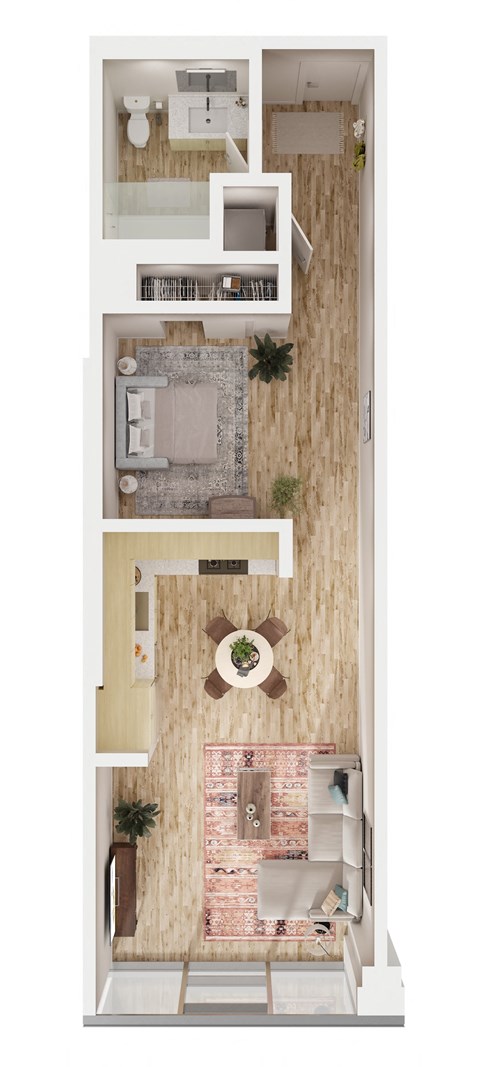 Floor plan for studio, 1 bath, 597 sqft